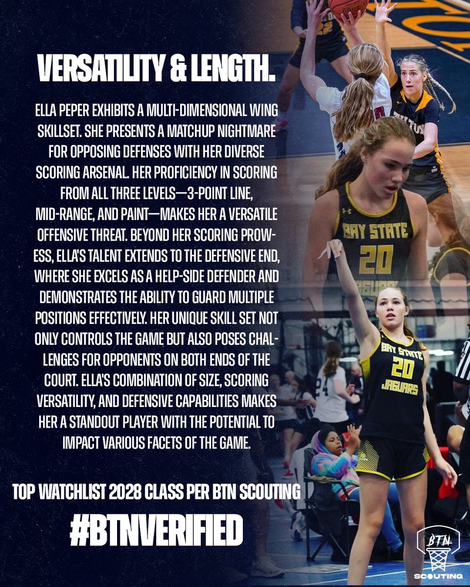 BTN Scouting (@btnscouting) on Twitter photo BTN Scouting Top Watchlist in the class of 2028!
28' Ella Peper (<a href="/ella_peper/">Ella Peper20</a>) is the definition of a unicorn prospect. Versatility & length at the wing position. Here's our evaluation. #BTNVerified
<a href="/BayStateJags/">Bay State Jaguars</a> | <a href="/DXSF_GBBall/">Dexter Southfield Girls Varsity Basketball</a> BTN Scouting Top Watchlist in the class of 2028!
28' Ella Peper (<a href="/ella_peper/">Ella Peper20</a>) is the definition of a unicorn prospect. Versatility & length at the wing position. Here's our evaluation. #BTNVerified
<a href="/BayStateJags/">Bay State Jaguars</a> | <a href="/DXSF_GBBall/">Dexter Southfield Girls Varsity Basketball</a>