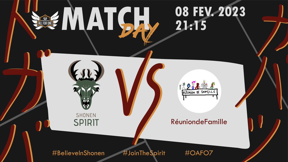 Ils les ont déjà affronté il y a 2 ans, ce soir c'est le match retour ! Shonen Spirit vs RéuniondeFamille dans cette fin du Stage 1 du <a href="/PlayAllForOneFR/">Overwatch AllForOne France</a> 2024 😎

Pas de stream pour ce match  🥲

Les Spirit vont se battre pour garantir au moins une victoire sur cette phase !