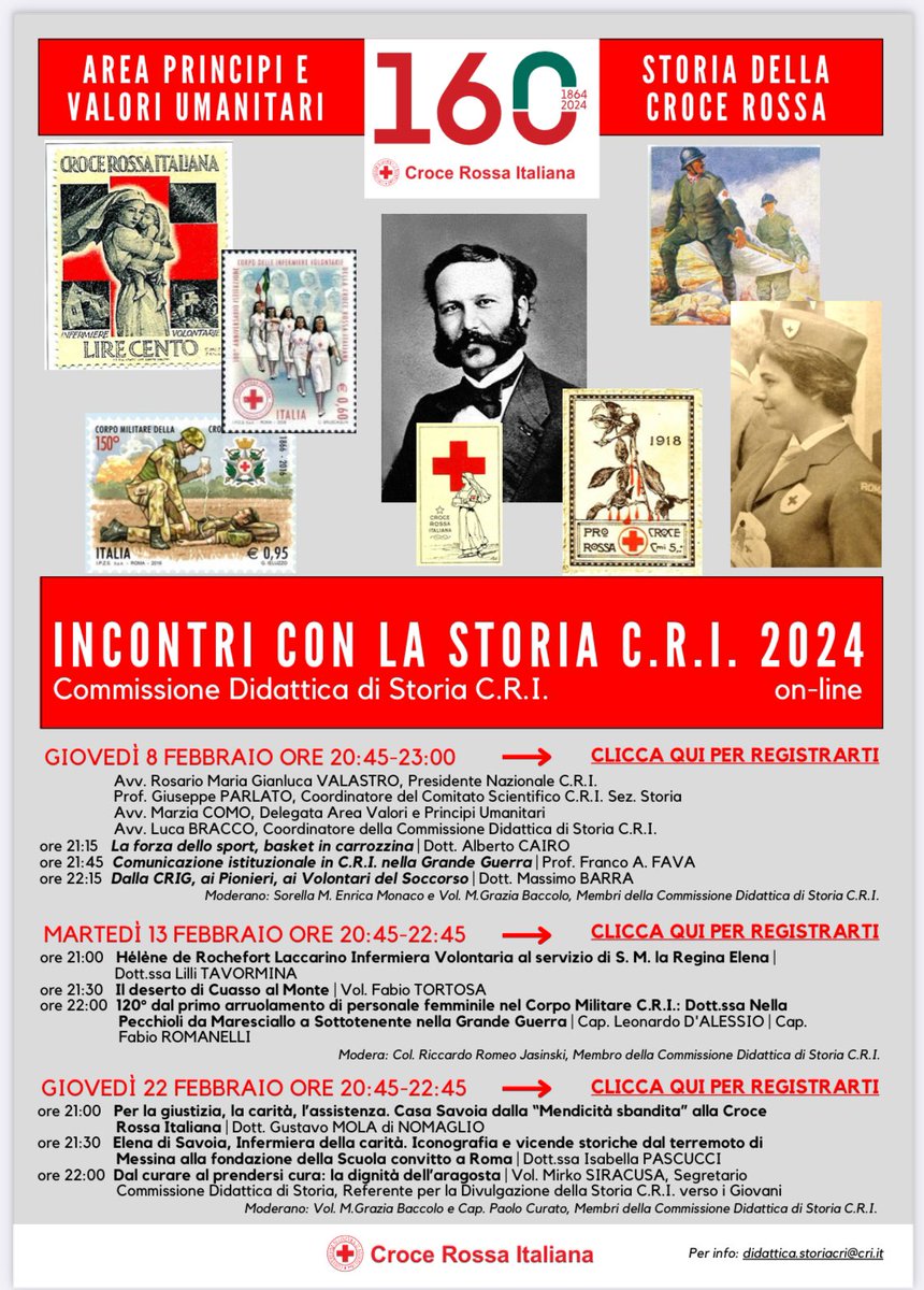 Inizia tra poco il ciclo di incontri sulla Storia della Crice Rossa.

Tre appuntamenti con relatori davvero eccezionali, per conoscere il passato, capire il presente e pianificare il futuro, forti delle nostre esperienze e dell’apporto di tutte le Volontarie e tutti i Volontari