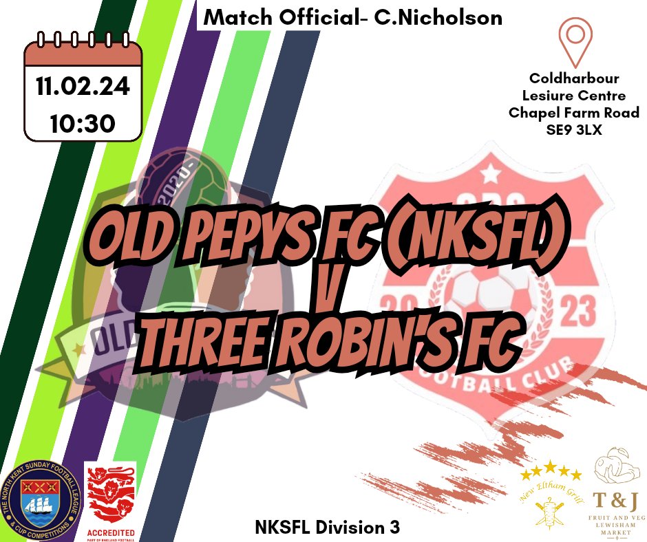 Old Pepys FC (NKSFL) V Three Robins FC 📆 Sunday 11th February ⏰️ Kick Off - 10:30 📍 Coldharbour Leisure Centre, Chapel Farm Road, SE9 3LX