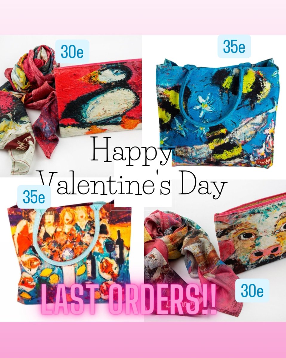 Last Orders for Valentine's day 💕 Best gift to yourself while stocks last!! 100% Silk Scarves + 100% Cotton Art bags all made with Love. Lot's of TLC in everything we make. DeborahDonnelly.com