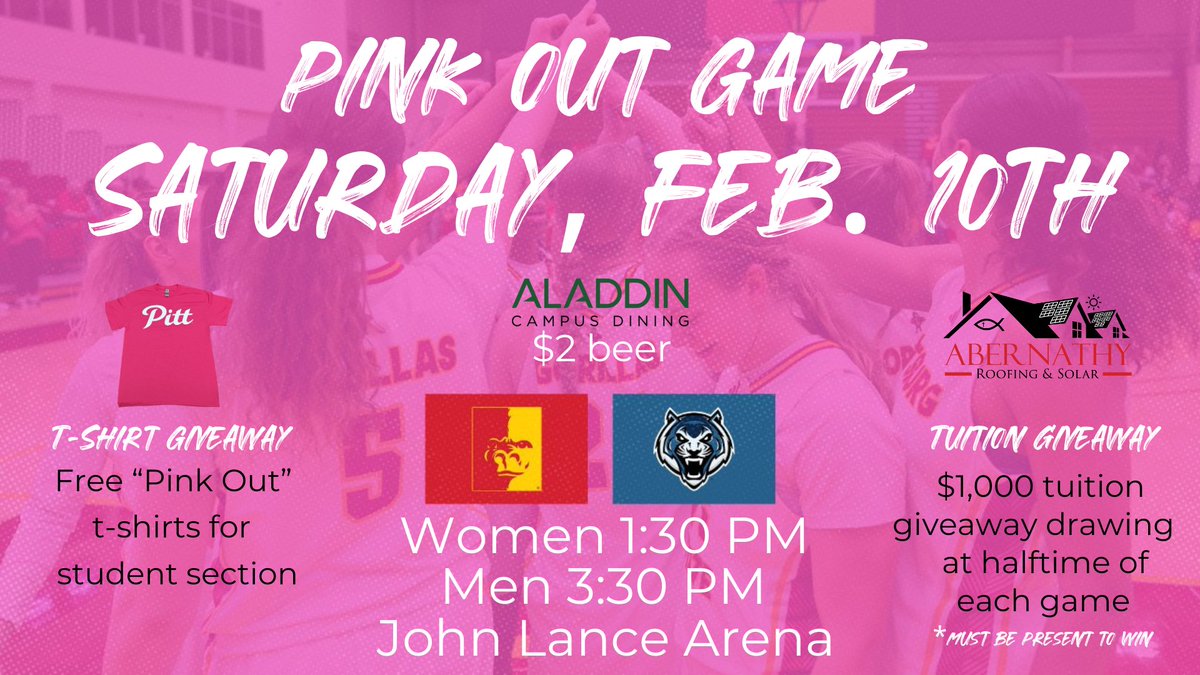 🚨SATURDAY🚨

Gorilla basketball hosts a PINK OUT game against Lincoln 🦍🏀

✔️$2 beer
✔️TWO $1,000 tuition giveaways
✔️Pink student section t-shirts

Also have a few special presentations lined up. BE THERE AND BE LOUD.