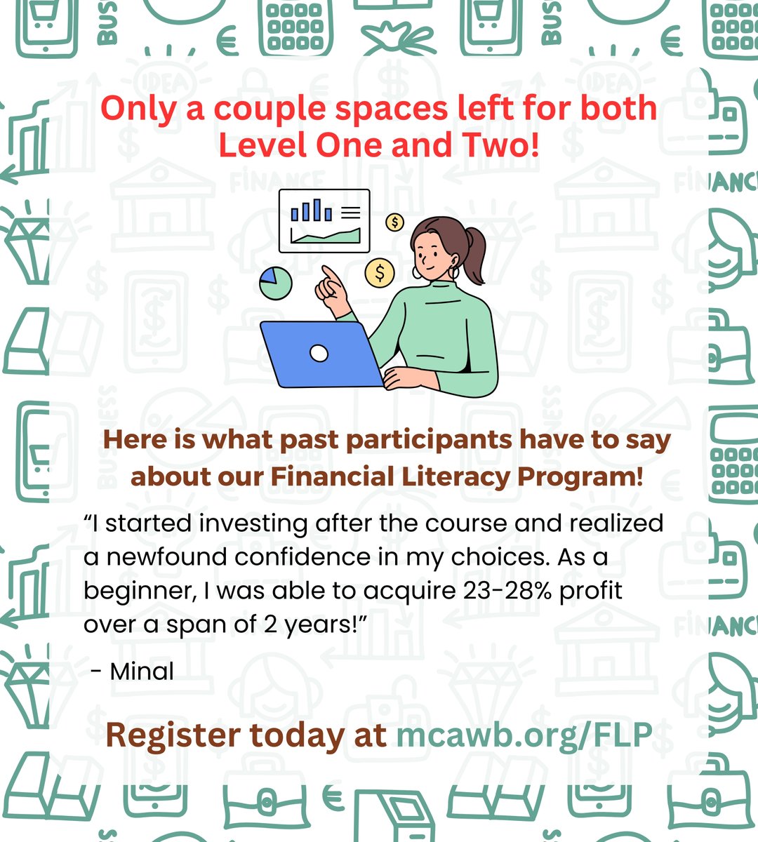 Did you know that you don't need to take our Level One Financial Literacy sessions in order to take Level Two? In fact, you can also take both if you wish!

There are only a few spots available for both sessions! Register before it is too late at mcawb.org/flp
