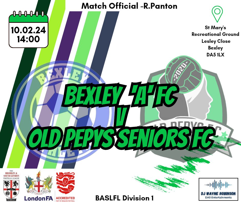Game 3 Bexley 'A' FC V Old Pepys Seniors FC 📆 Saturday 10th February ⏰ Kick Off - 2pm ️📍 St Mary's Recreational Ground, Lesley Close, Bexley, DA5 1LX