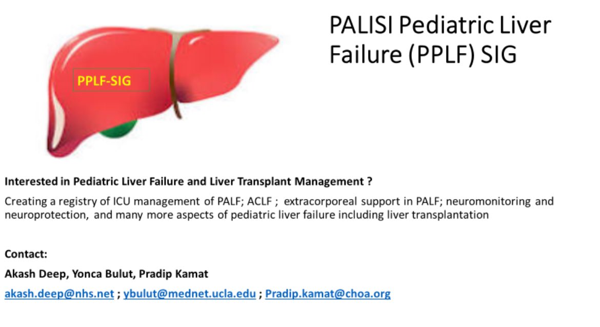 💥New PALISI special interest groups (SIG)

for Pediatric Liver Failure SIG 
⬇️
Please contact 
@aakashdeeparora 
@Pradipsedation 
@yoncabulutmd 

#PedsICU @MattGoldPedsCCM @PALISInet #PALF
