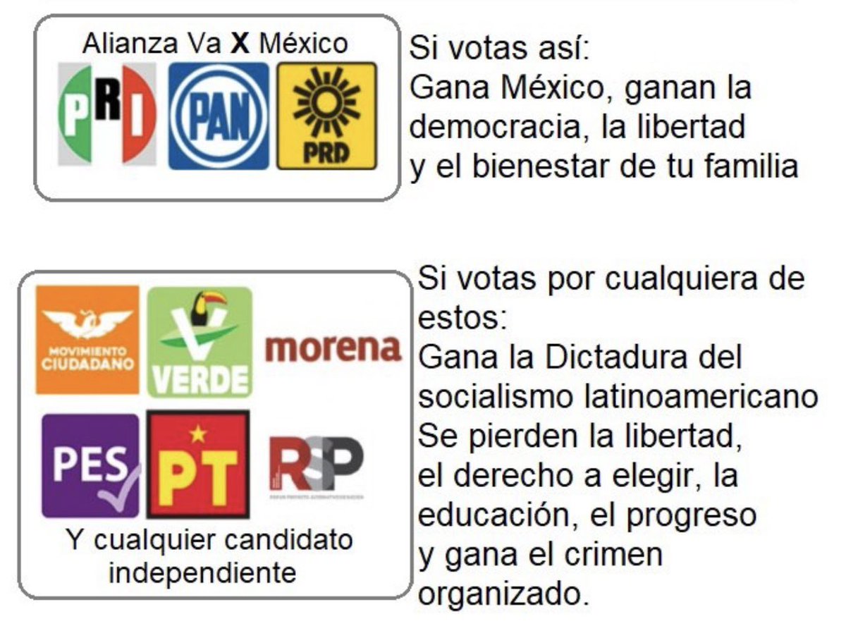 🚨¡ATENCIÓN, ATENCIÓN!🚨

Por favor ni un voto a morena, EN NADA! 
Ni presidencia 
Ni gobernaturas 
Ni Senadores 
Ni diputados 
Ni alcaldías 

¡NADA ! 

López Obrador le tira a GANAR LA MAYORÍA EN EL CONGRESO! 🥳

Para con eso poder CAMBIAR LA CONSTITUCIÓN y así imponer la