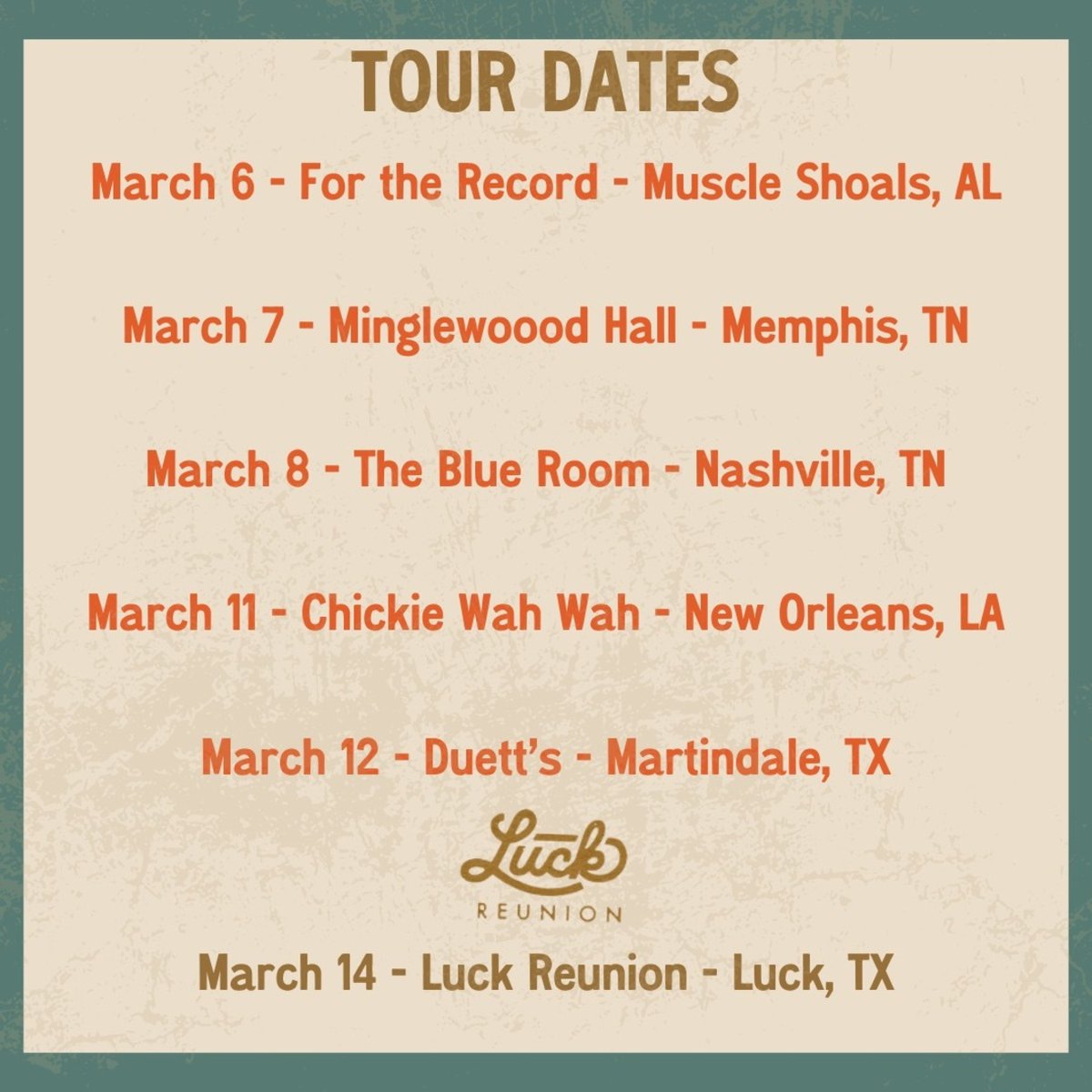 We're headed out on THE ROAD TO LUCK with @ohboyrecords !!! Oh Boy Records is sending their mouths way down South as they work their way to hang with Music's Most Famous Landlord! TN to TX: The Road to @LuckReunion starts on March 6th and is presented by Jack Daniel's. Join