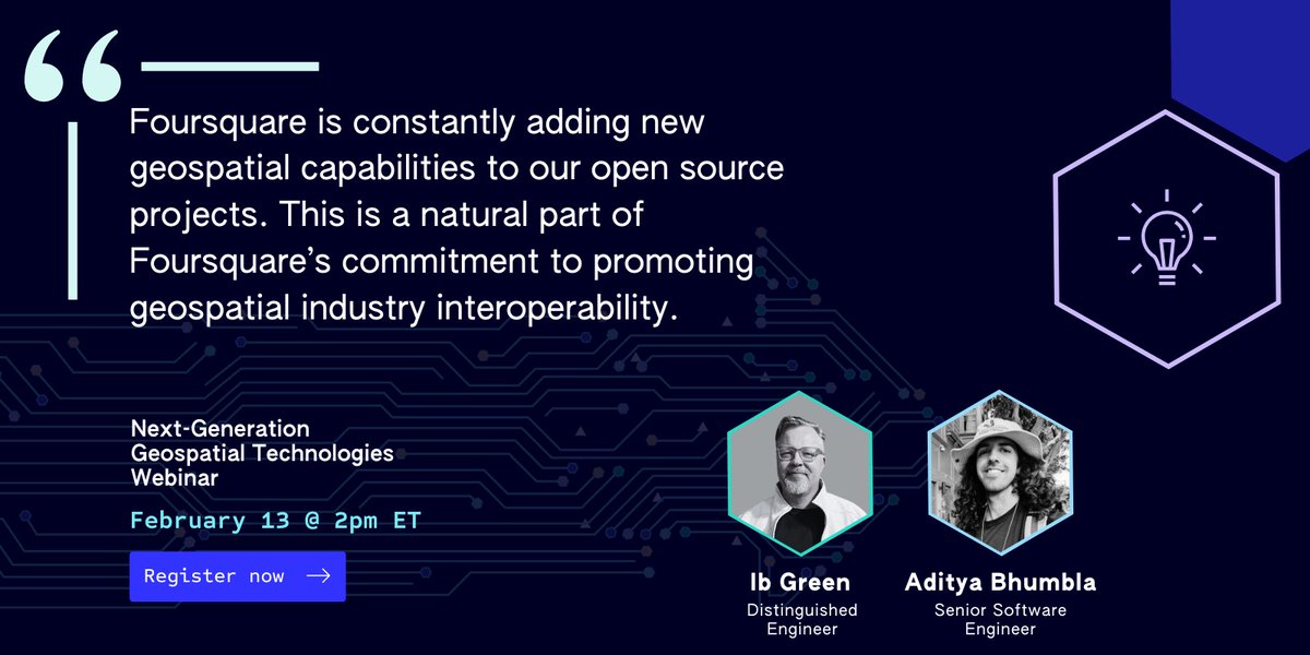 Foursquare's tweet image. Secure your spot for our Next Gen Geospatial Webinar.
 
Distinguished Engineer Ib Green + Sr. Software Engineer Aditya Bhumbla are the experts bringing you insights you won&apos;t want to miss.

📅 Feb 13th, 2024

Register today: location.foursquare.com/resources/even…
#geospatialtech #FSQstudio