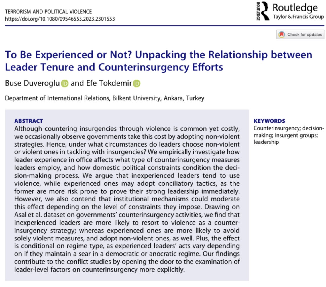 efetokdemir's tweet photo. Our article w/@buseduveroglu - PhD_Cand @BilkentIRDept, soon to be graduated ;) - is online first now @terpolv. We have examined the impact of leader tenure on COIN strategies (free 50 copies https://t.co/TFvwCklBiV). Great pleasure to work with a rising scholar in the field. https://t.co/9k4dkTsvTc