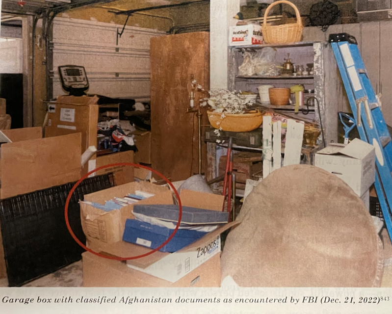 Photos of Biden's classified docs in Hur report: 'Among the places Mr. Biden’s lawyers found classified documents in the garage was a damaged, opened box containing numerous hanging folders, file folders, and binders. The box...was in a mangled state,'