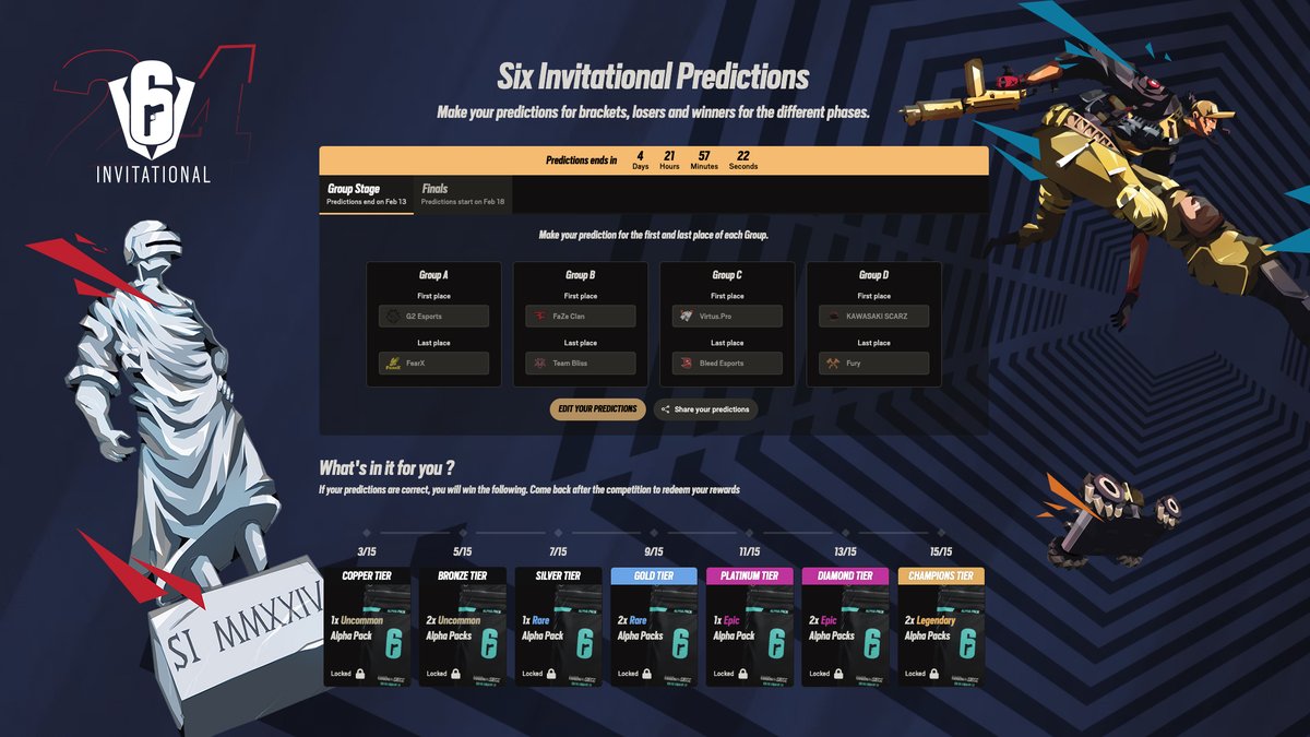 Rainbow6_UK's tweet photo. It's LIVE - time to get your predictions in for SI24 groups 🧠 

Swing for the fences and bank those rewards!

#Sixinvitational https://t.co/LDtLLwOmBc