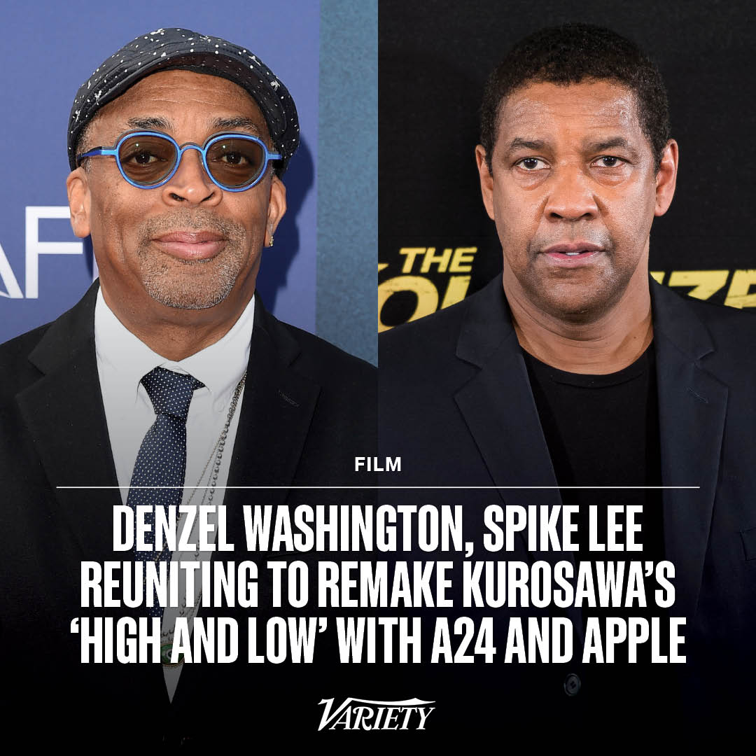Variety's tweet photo. Denzel Washington and Spike Lee are reuniting for their fifth film together – the first since 2006’s “Inside Man.” Apple Original Films and A24 are partnering on “High and Low,” which will be released theatrically by A24 before a global launch on AppleTV+. https://t.co/YwzZ9aiqxZ https://t.co/Lv7ipdFbNr