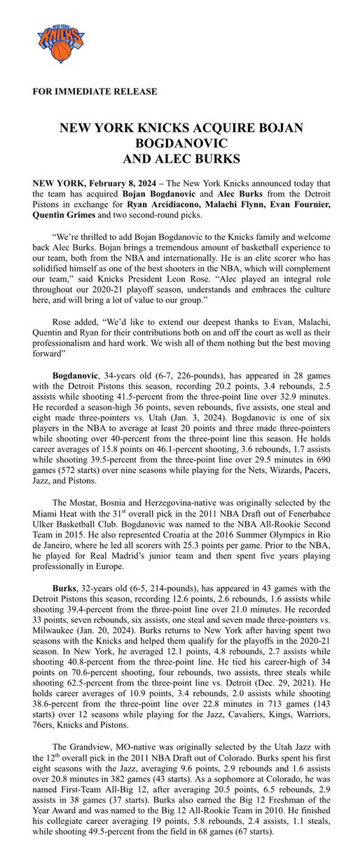 .@nyknicks Acquired Bojan Bogdanovic and Alec Burks