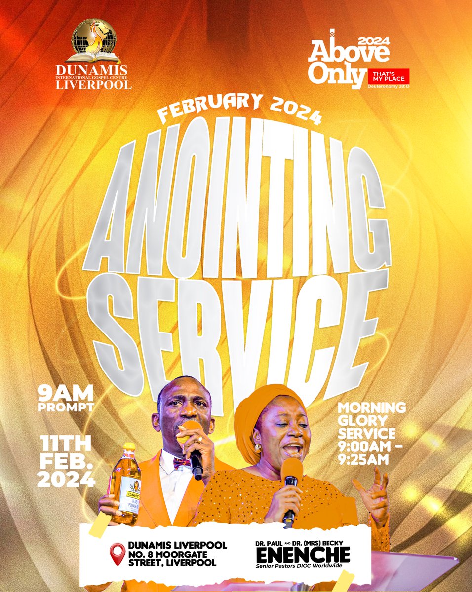 Anointing for Supernatural Supply: Your breakthrough awaits this Sunday at Dunamis International Gospel Centre, Liverpool. Come and receive the divine empowerment for a life of abundance. ✨
 
Shalom! 

#drpauleneche 
#drbeckypaulenenche 
#AnointingService 
#OverflowingBlessings