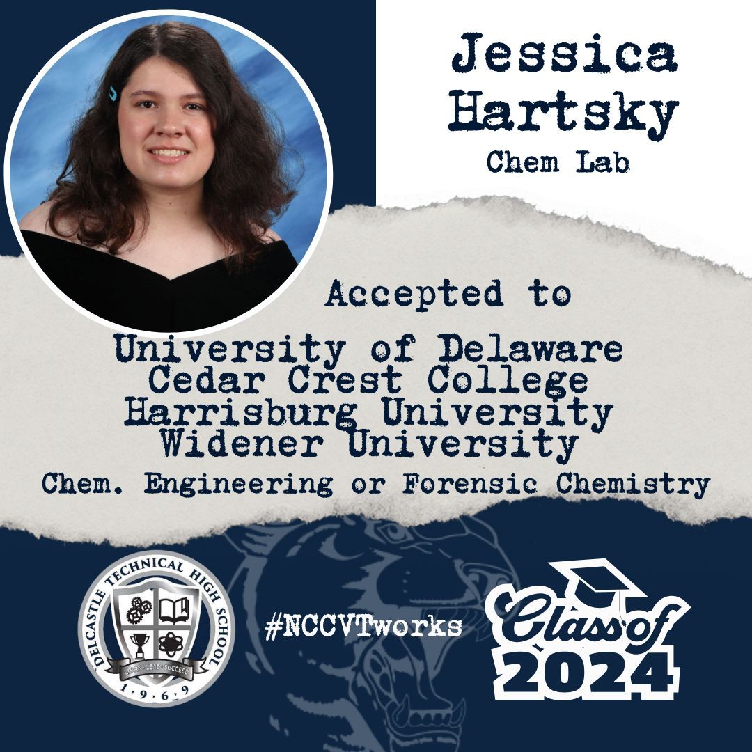 🎓 Which university will Jessica Hartsky, Chem Lab '24, decide to attend? She has received acceptance letters to the following terrific institutions: ☑️ University of Delaware ☑️ Cedar Crest College ☑️ Harrisburg University ☑️ WIdener University #NCCVTworks #SeniorSuccess