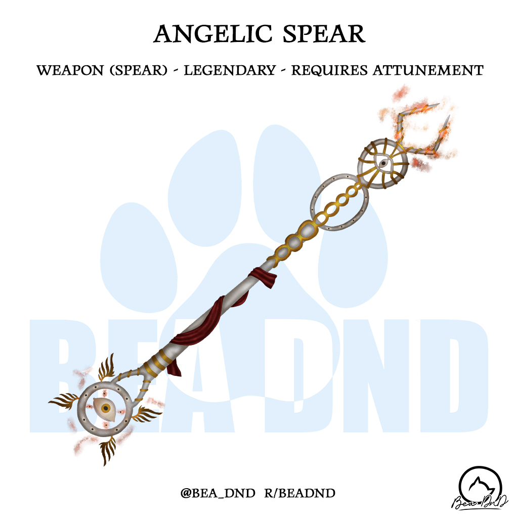 bea_dnd's tweet image. Angelic Spear

“The songs of the angelic choirs rose high as Sir Delamour lifted the spear. The chorus was deafening as he strode forth to battle the invasion from the nether realms.”

#dnd #dndart #dndbeyond #dnd5e #magicitems
