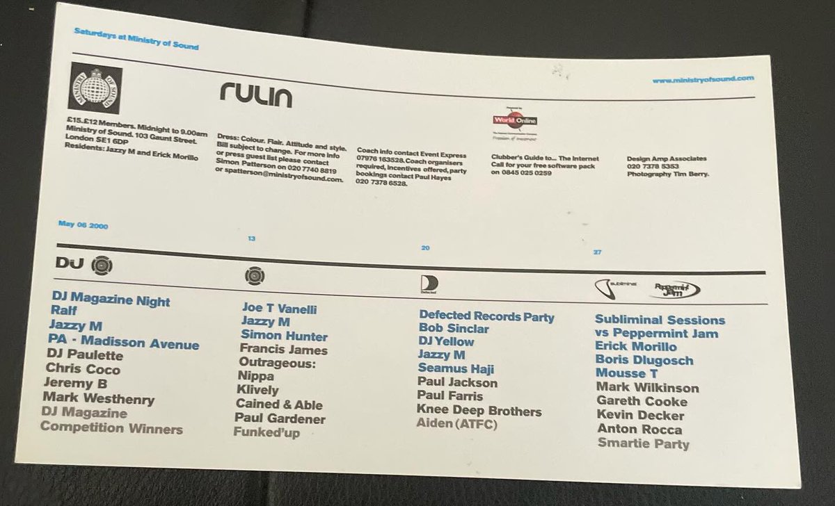 More Rulin' business at @ministryofsound with @DefectedRecords and more in 2000 I believe? Some stellar line-ups from the US & UK #tbt #throwbackthursday