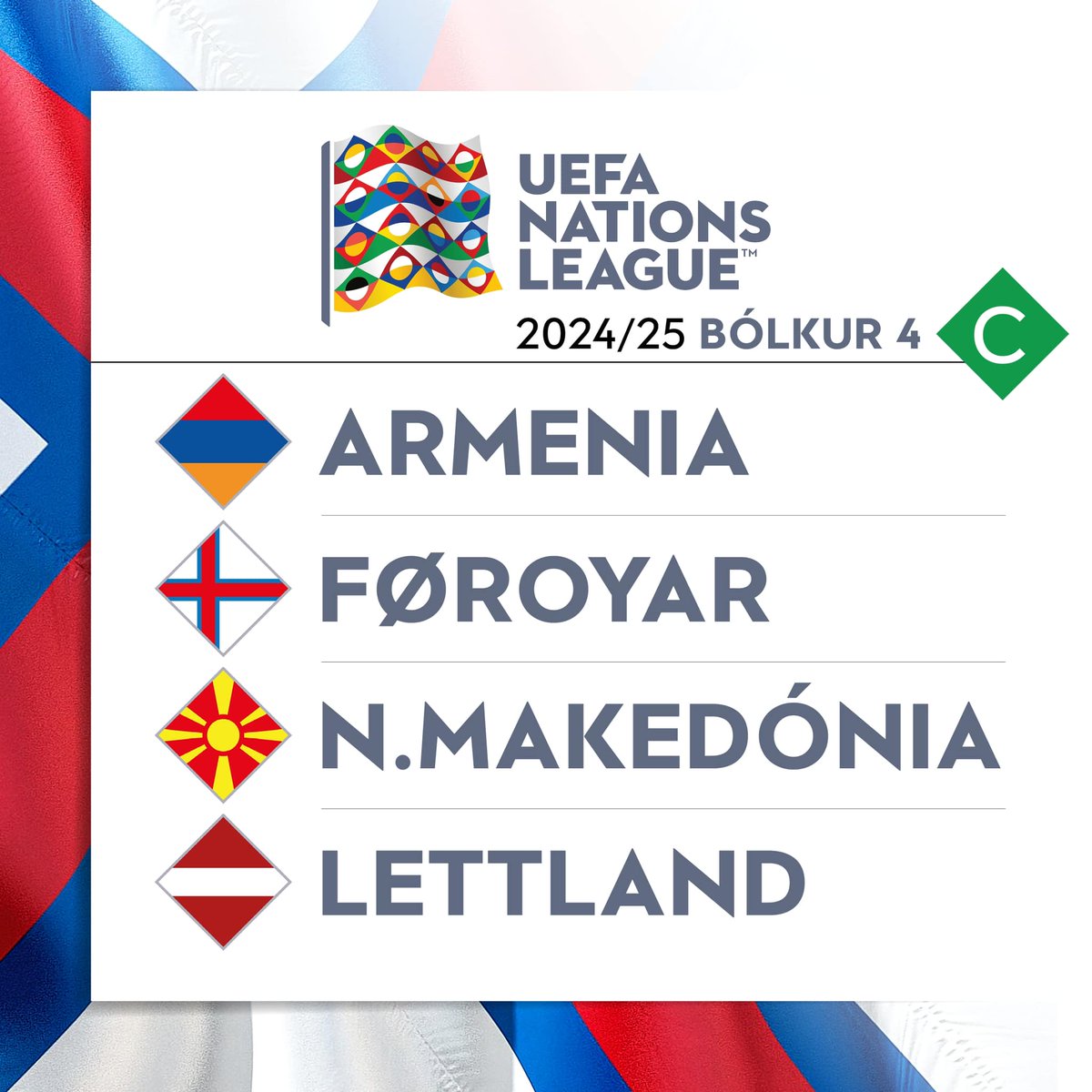 #UEFA #NationsLeague draw ⚽️ Faroe Islands are in League C, Group 4, where we'll be facing: Armenia 🇦🇲 North Macedonia 🇲🇰 Latvia 🇱🇻