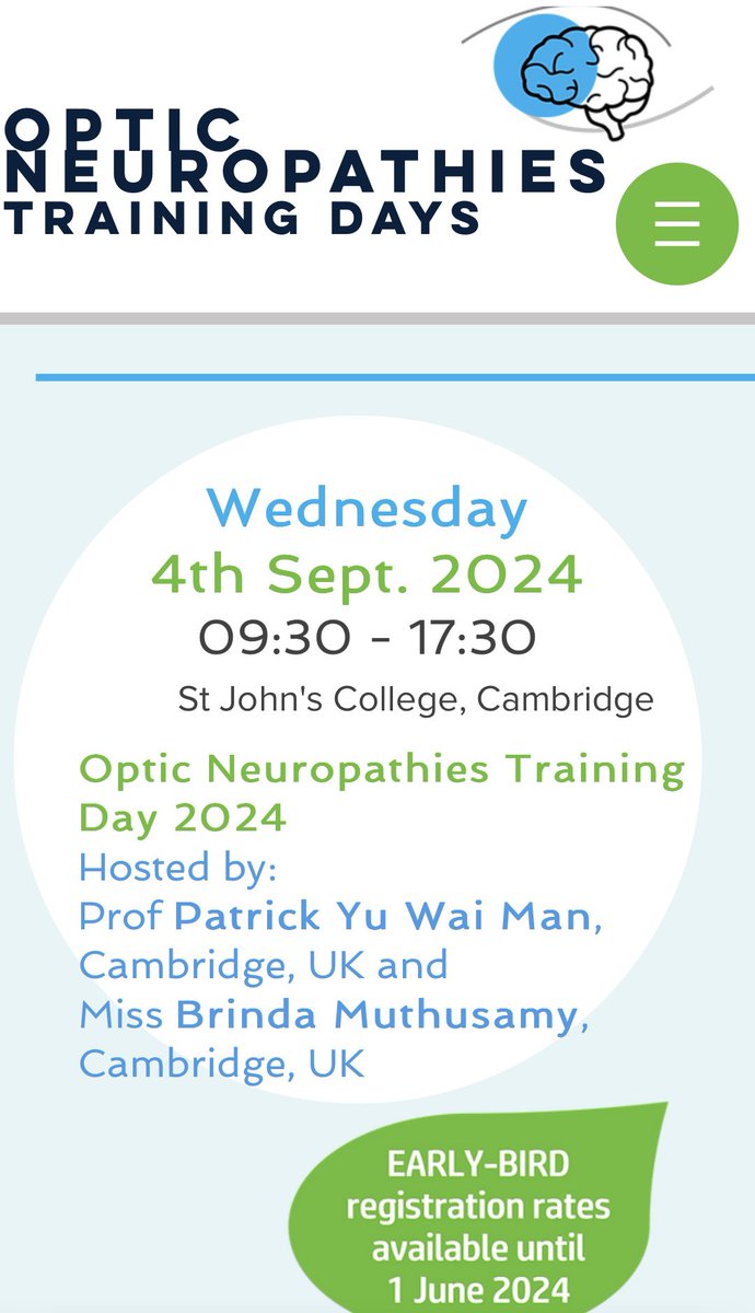 Optic Neuropathies Training Day organised by Prof Patrick Yu-Wai-Man and Miss Brinda Muthusamy is back! Keynote speakers Joyce Liao, Stanford (US) and Neil Miller, Baltimore (US) Do not miss the deadline and see you in Cambridge! More info at: optic-neuropathies.co.uk