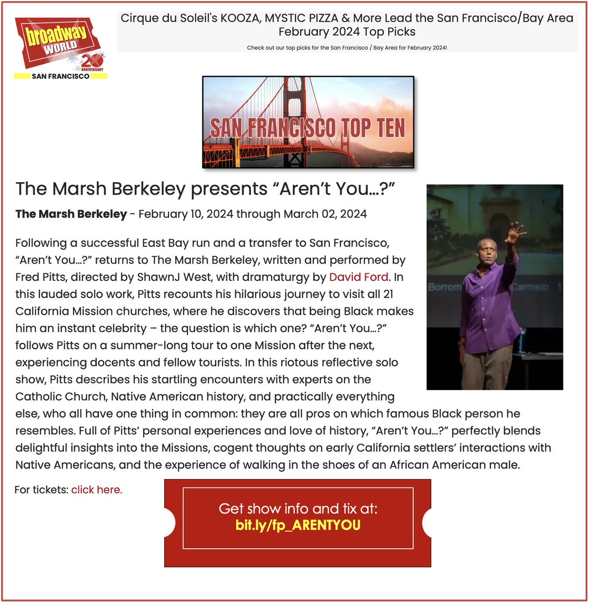 The Marsh - MarshStream (@ilovethemarsh) on Twitter photo Don't miss one of <a href="/BroadwayWorld/">BroadwayWorld</a>'s TOP 10 PICKS for February when @FredPittsMD brings AREN'T YOU...? back to <a href="/ILoveTheMarsh/">The Marsh - MarshStream</a> Berkeley on SATs at 8pm starting this week FEB 10!
Celebrate with us— first 10 to use code "RETURN" get FREE tix to this wk's show: bit.ly/fp_ARENTYOU Don't miss one of <a href="/BroadwayWorld/">BroadwayWorld</a>'s TOP 10 PICKS for February when @FredPittsMD brings AREN'T YOU...? back to <a href="/ILoveTheMarsh/">The Marsh - MarshStream</a> Berkeley on SATs at 8pm starting this week FEB 10!
Celebrate with us— first 10 to use code "RETURN" get FREE tix to this wk's show: bit.ly/fp_ARENTYOU