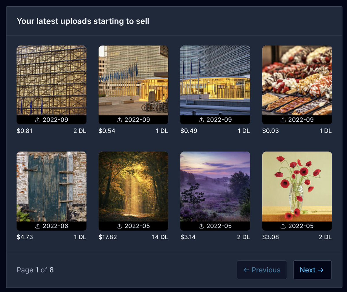 DeepMeta's tweet image. Today, we added “Your latest uploads starting to sell” to DeepMeta 4 Statistics.

We want the main sales/stats page to be mostly non-interactive, offering a first glance view of your sales as soon as you get your Royalty statement in, on the 20th.

Other sections are in the works