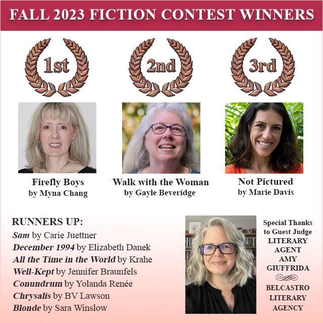 womenonwriting's tweet image. Congratulations to the winners of the Fall 2023 Flash Fiction Contest with guest judge literary agent Amy Giuffrida! 

Check out these amazing #flashfiction writers and their winning stories here: wow-womenonwriting.com/110-FE1-Fall23… #flashfictioncontest