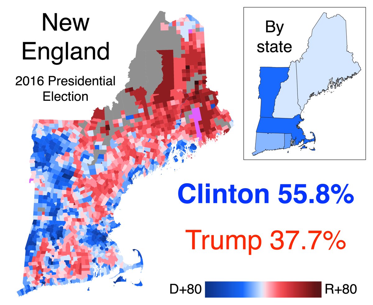 As it did across the country, the 2016 election produced a realignment in New England. Democratic support eroded in much of small-town Northern New England; meanwhile, Donald Trump posted the worst Republican showings since Barry Goldwater in much of eastern Massachusetts.