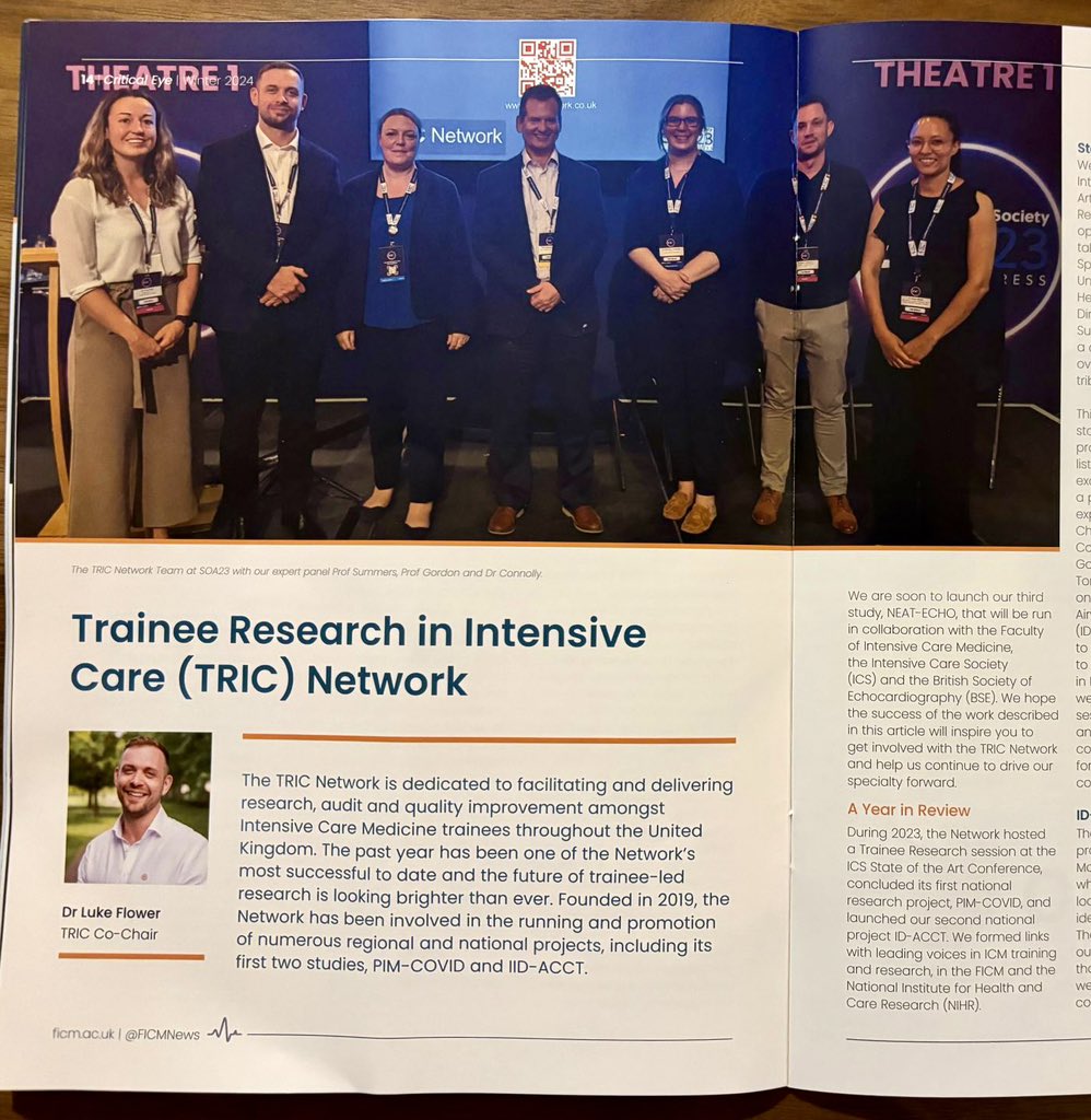 Excited to see our @TRICNetwork article published in @FICMNews Critical Eye. 

We discuss:
- Our SOA23 session with @charlot_summers @agordonICU @bronwenconnolly @ICS_updates 
- PIM-COVID 
- ID-ACCT
- NEAT-ECHO
- The future, SOA24, @NIHRresearch API scheme & how to get involved.