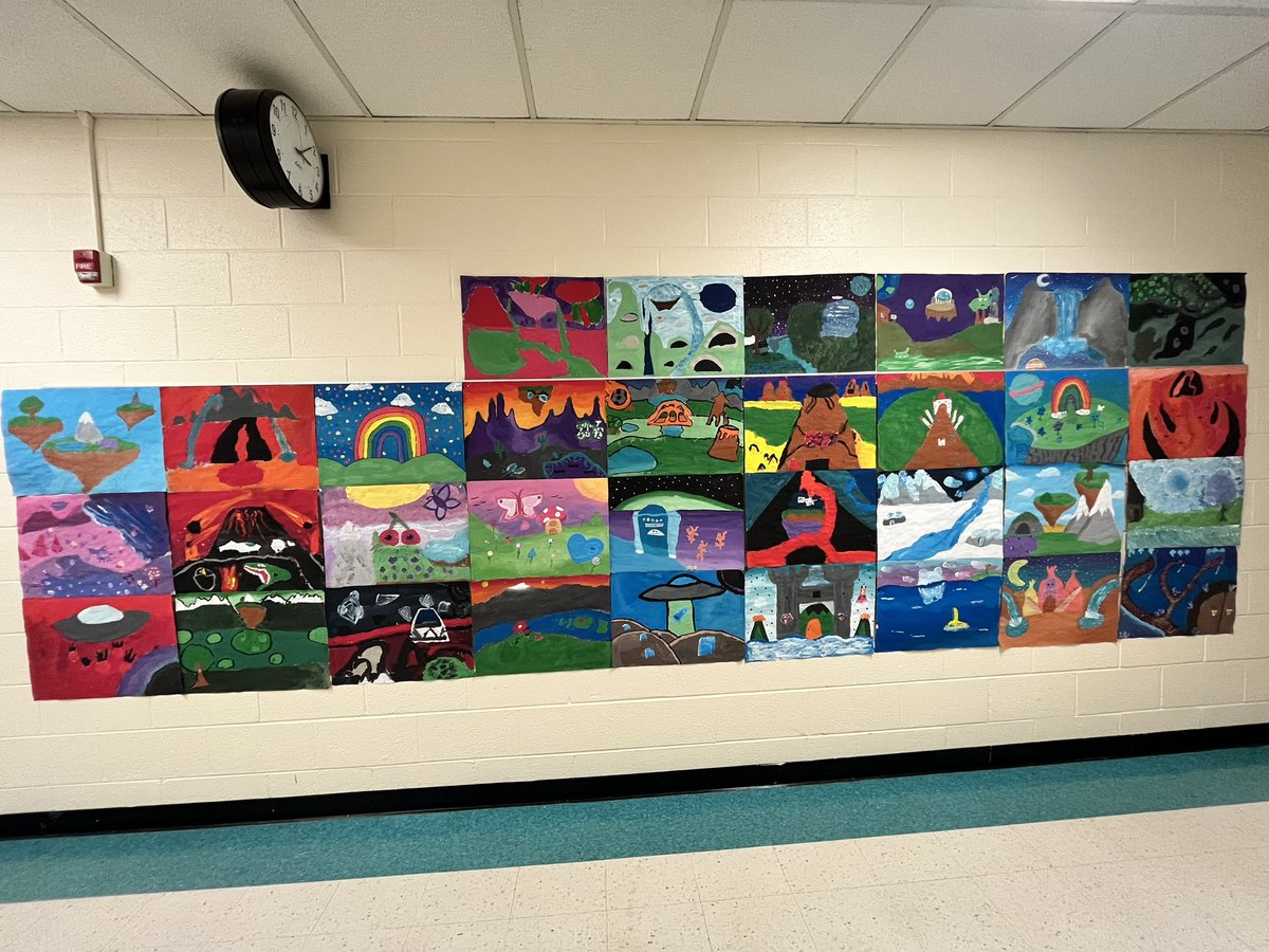 Our 5th grade Alien World Paintings are looking awesome in the hallway!!! Check out all those amazing colors! @PoplarTreeES @FCPSfinearts