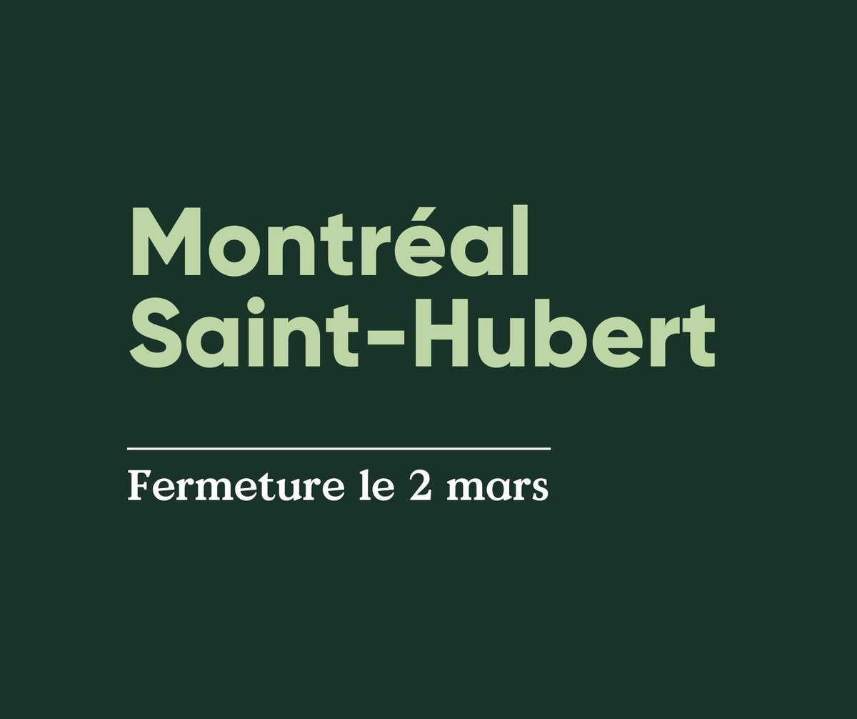 Veuillez noter que notre succursale de Montréal − Saint-Hubert sera fermée définitivement à compter du 𝟮 𝗺𝗮𝗿𝘀 prochain. Au plaisir de vous servir dans une de nos succursales à proximité :

📍 Métro Jarry
📍 Saint-Laurent (Mile End)
📍 Métro Acadie