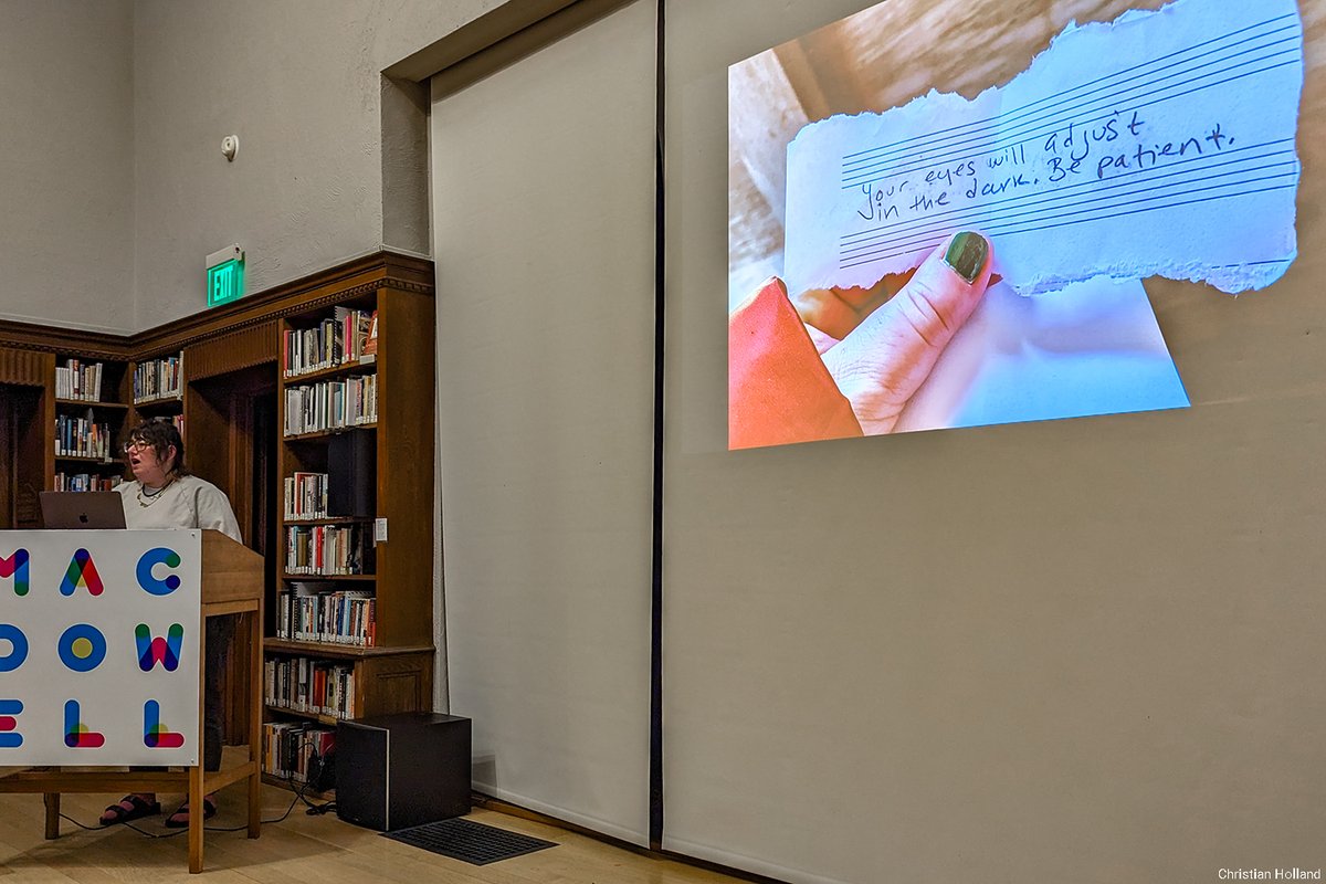 MacDowell (@macdowell1907) on Twitter photo Artist-in-residence Mimi Zeiger/<a href="/loudpaper/">mimi zeiger</a> (MF 24) shows the advice she received from the MacDowell Oracle during her presentation on photography and architecture in the James Baldwin Library.
"Your eyes will adjust in the dark. Be patient." Artist-in-residence Mimi Zeiger/<a href="/loudpaper/">mimi zeiger</a> (MF 24) shows the advice she received from the MacDowell Oracle during her presentation on photography and architecture in the James Baldwin Library.
"Your eyes will adjust in the dark. Be patient."