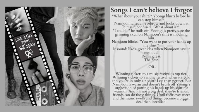 Songs I can't believe I forgot
🎶Namgi
🎶Explicit
🎶8.5k
🎶Friends to lovers
🎶And they were roommates
🎶Idiots in love
🎶Soft punk boys ( you know it's my brand)
🎶Musical festivals and cold hands
🎶<a href="/hyunglinefest/">Hyung Line Fest: PERMANENTLY CLOSED</a>
archiveofourown.org/works/30071043