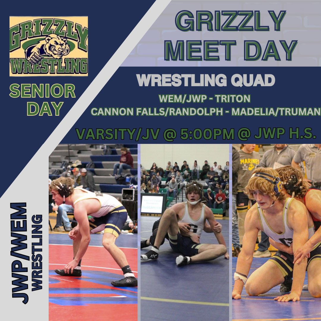 Grizzly Wrestling Senior Day! Congrats Patrick, Gavin &amp; Isaac! Thank you for your dedication &amp; leadership throughout your wrestling career! 

Grizzly Wrestling hosts a quadrangular today starting at 5pm! 

🎟️ gofan.co/app/school/MN1…

📺 fan.hudl.com or NFHS Network