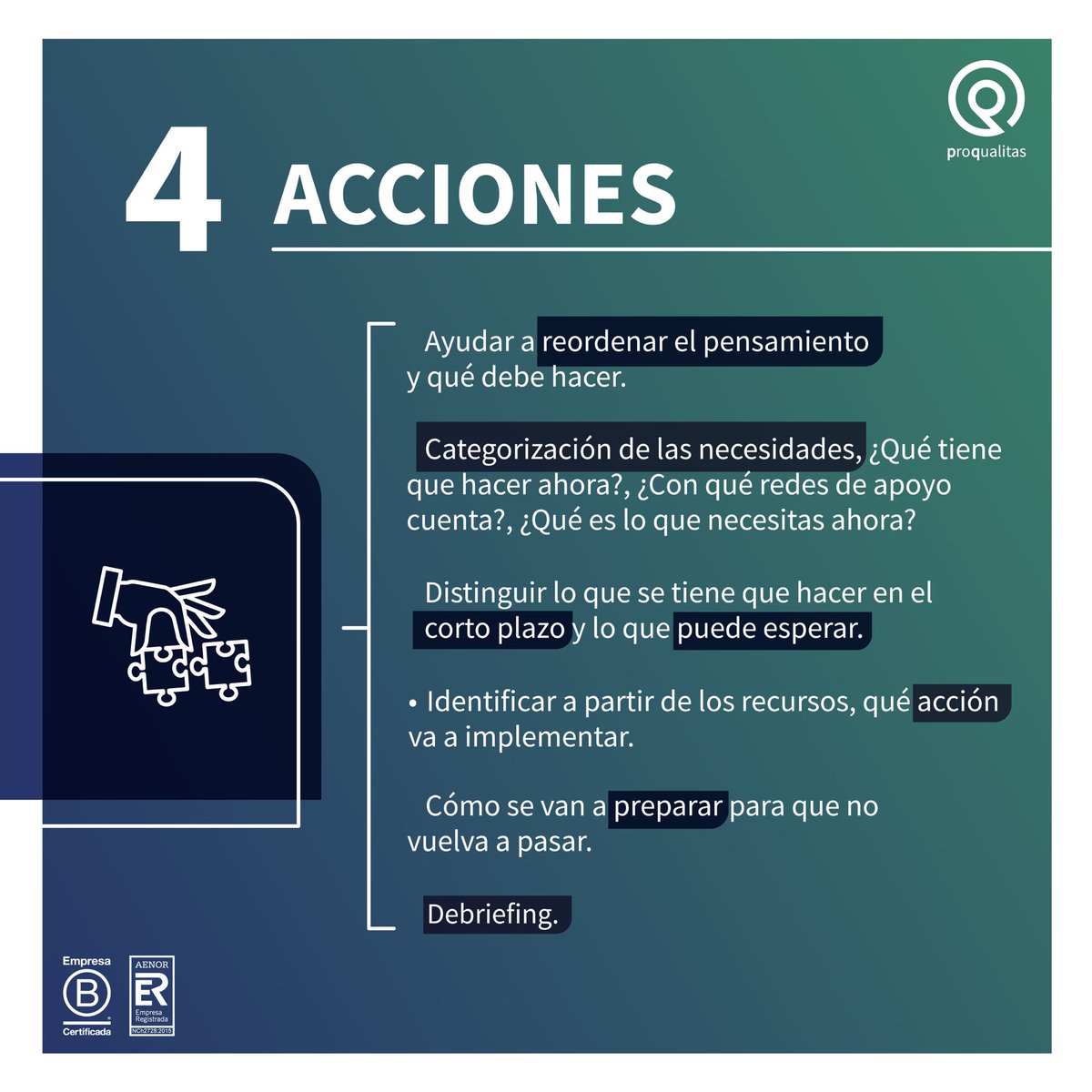 En Proqualitas, queremos extender nuestra mano en apoyo a todos los afectados, por eso hoy queremos compartir las etapas para acompañar durante una situación de crisis y qué hacer en cada una de ellas.

Si hay algo específico en lo que te podamos ayudar, no dudes en contactarnos.