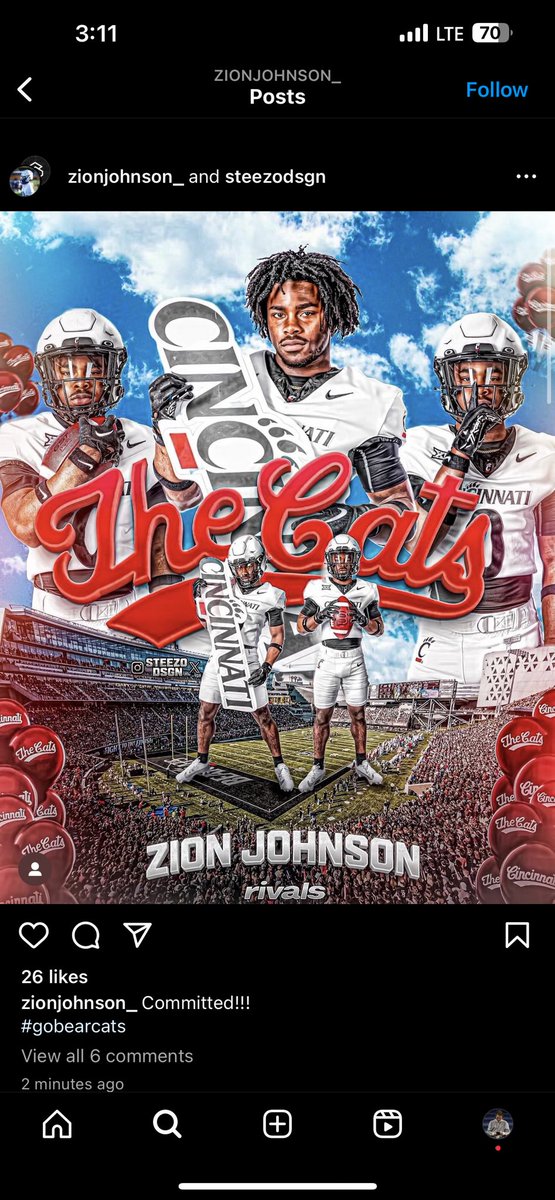 BREAKING: 4 Star RB Zion Johnson has committed to the University of Cincinnati per his IG. Johnson, is rated the 357th player in the class of 2025 and 31st RB in the country. Held reported offers from Florida, Kentucky, Tennessee, Ole Miss and more.