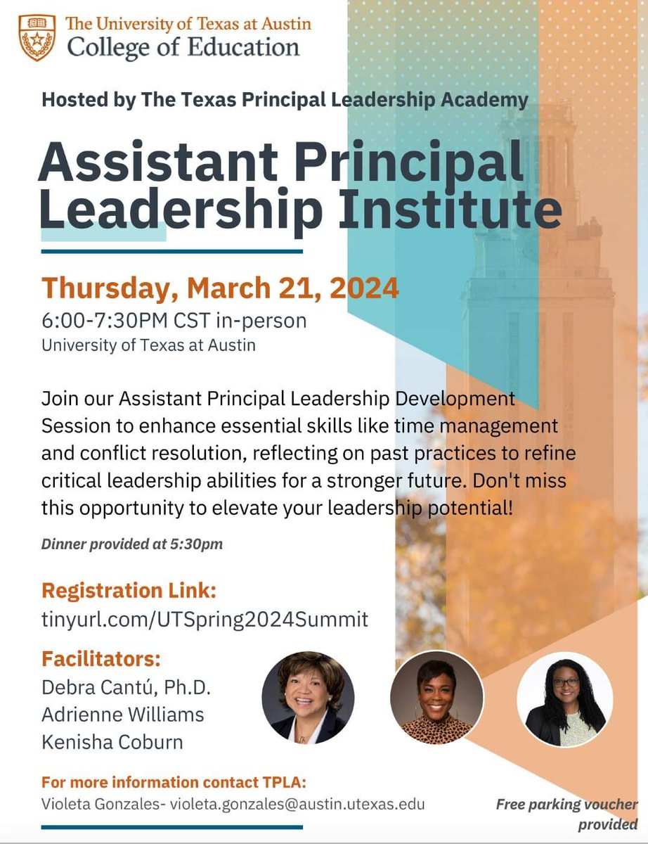 Calling Assistant Principals for leadership development in person at UT Austin! Please register today! tinyurl.com/UTSpring2024Su…