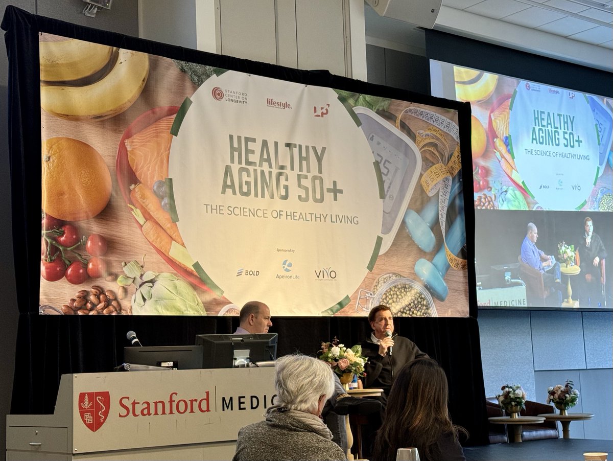 Takeaways from Stanford Medicine's Healthy Aging Day: 1. Exercise snacking all day > 30 minutes in the gym 2. Moderate protein: .8g/day under 65, 1g over 3. Plant dominant diets 4. Step counters good; sleep trackers (Oura) bunk 5. Ornish Alzheimer's reversal study promising