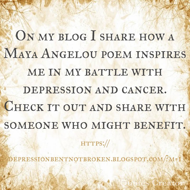 #Poetry is powerful. Today on my blog I discuss how a poem by the great writer, Maya Angelou inspires me in my battle with #depression and #cancer. 

depressionbentnotbroken.blogspot.com/?m=1

#mentalillness #mentalhealth #breastcancer #poem #writingtoheal #psychiatrist #psychologist
#StillIRise