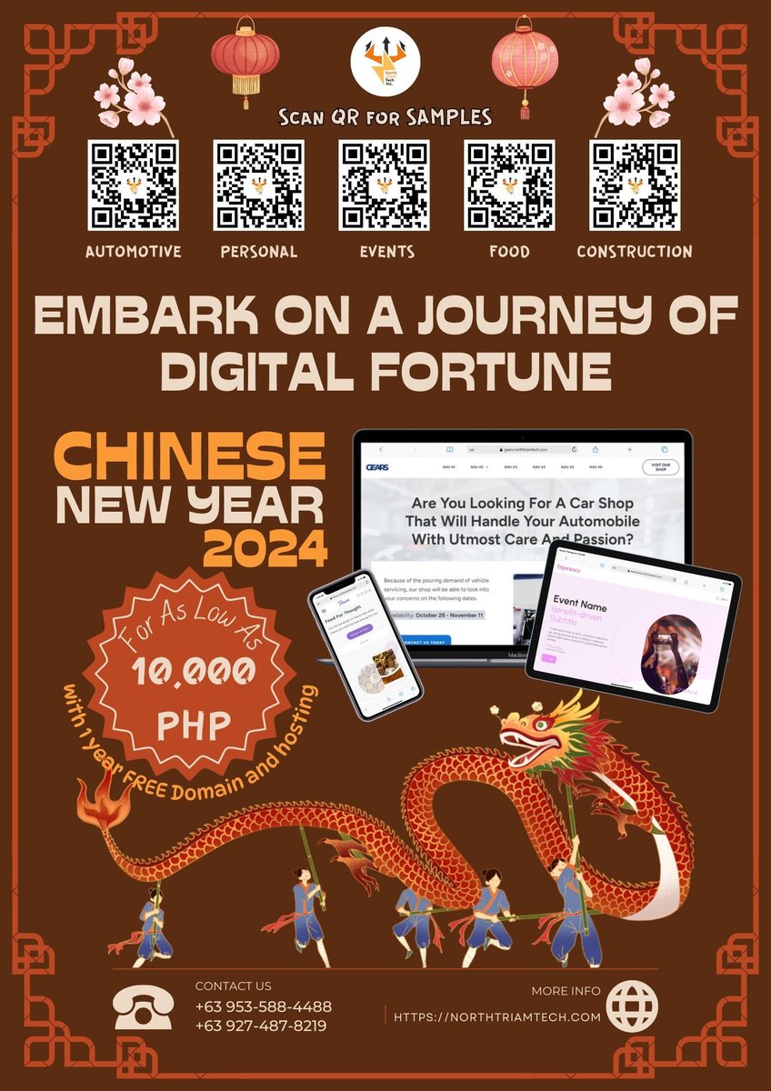 NorthTriamTech's tweet photo. 🎉🧧 Happy Chinese New Year! 🎉🧧

Elevate your online presence and prosperity with our special Chinese New Year offer!

Get a professionally designed business or personal website for as low as 10,000 pesos! https://t.co/tigt9WFKje