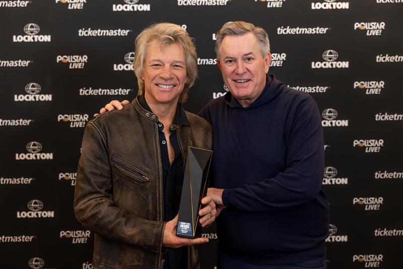 Chairman & CEO Tim Leiweke and @JonBonJovi celebrate Jon Bon Jovi 's Milestone Award at this year's #PollstarLive! Conference in Century City, CA.