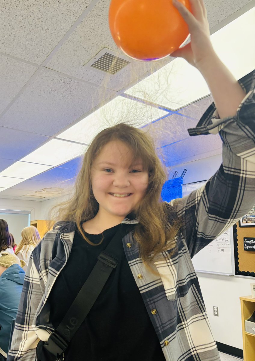 We explored how friction causes electrons to jump creating a negative charge. And because opposite charges attract…there were many bad hair days in 604 today @GPVanierJH.