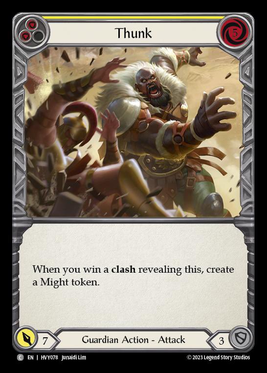 ChrHauck's tweet photo. Heavy Hitters limited is really fun so far.
I feel like Thunk/Wallop should cost 1 less and Auras should have been 3 Blocks tho.
This could balance out the difference in powerlevel of the classes and their standard weapons.
Otherwise im really happy with the set design. #fabtcg https://t.co/6SoCNVk4Sb