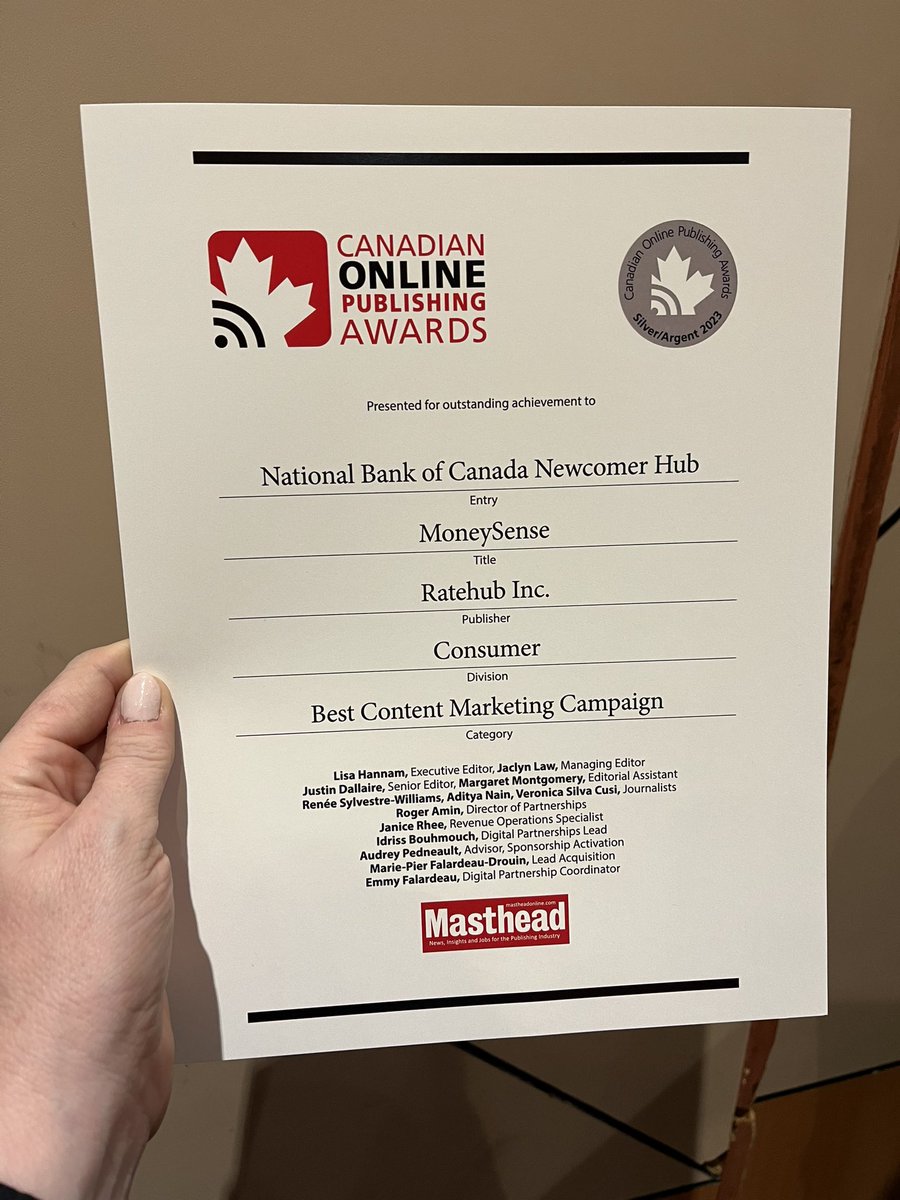 So proud of our team! 🥈 Silver for Best Content Marketing Campaign 🥈<a href="/MoneySense/">MoneySense</a> <a href="/nationalbank/">National Bank</a> <a href="/Mastheadmag/">Masthead</a> #copas