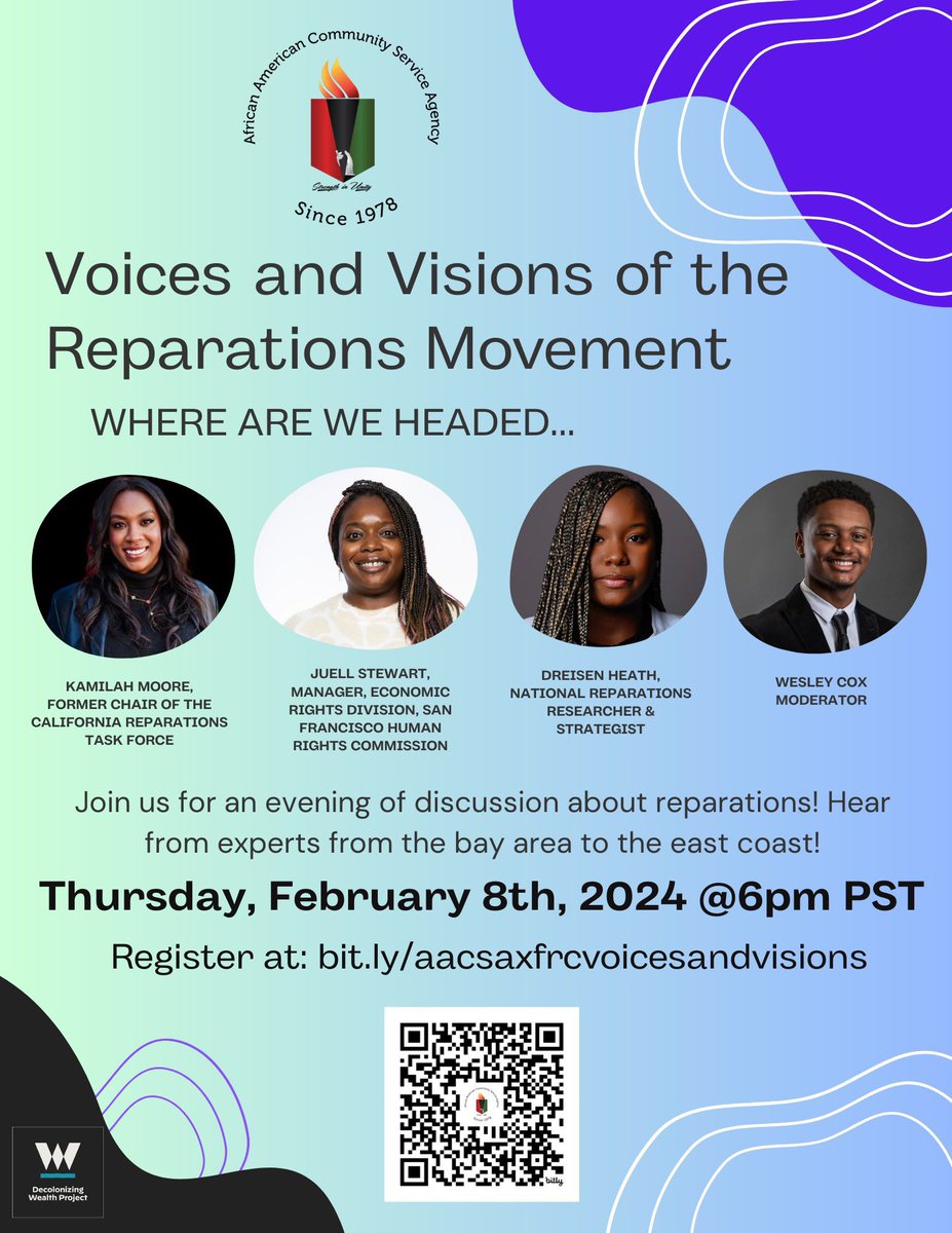 Join us tonight @ 6 pm with our expert panelists from across the nation to chat about the state of reparations entering 2024! 

#AsianLawAlliance #repair #AB3121 #HR40 #DecolonizingWealth #DWP #reparations #AACSAforReparations #Case4Reparations