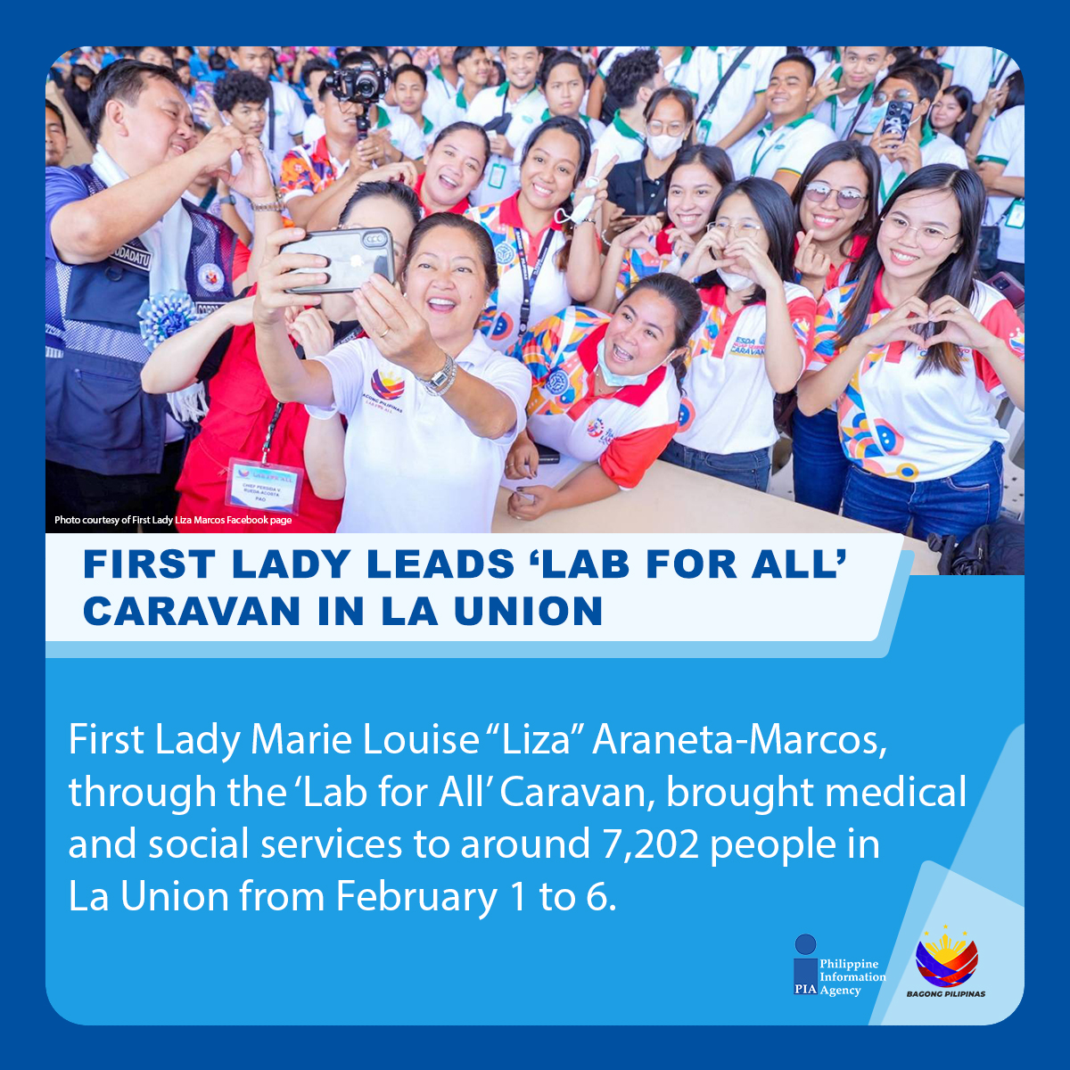 PIADesk's tweet image. '𝐋𝐚𝐛 𝐟𝐨𝐫 𝐀𝐥𝐥' 𝐢𝐧 𝐋𝐚 𝐔𝐧𝐢𝐨𝐧

First Lady Marie Louise “Liza” Araneta-Marcos led the Laboratoryo, Konsulta, at Gamot para sa Lahat (Lab for All) Caravan in La Union from February 1 to 6.
Story here: pia.gov.ph/news/2024/02/0…

#BagongPilipinas
#LabForAll