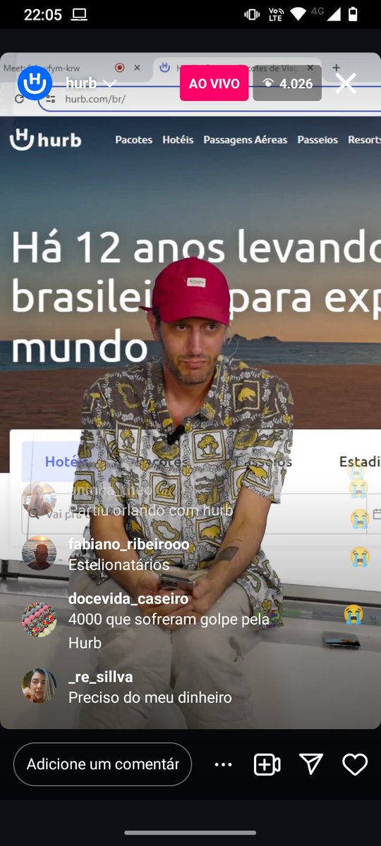 ludielma's tweet photo. O cara da @HurbBrasil abriu uma live pra zuar com a cara dos clientes q eles deram golpe, que infernooooo, só queria meu dinheiro de volta https://t.co/qCRYEUIdCI