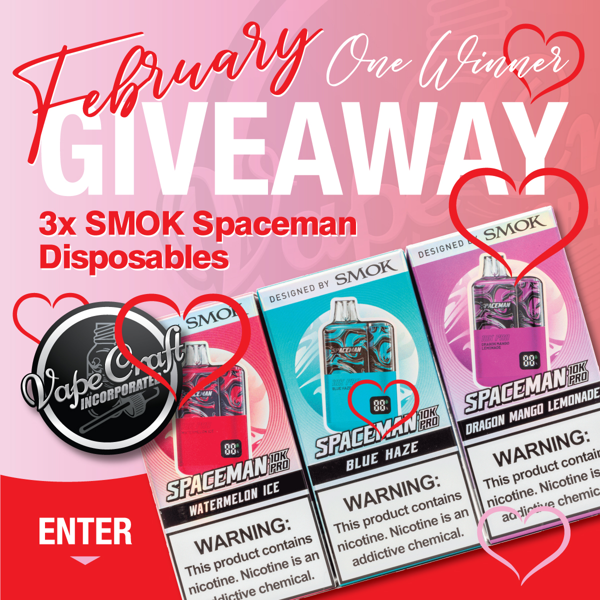 Share one of these awesome SMOK Spaceman dispos this month with your sweetie and enter our new GA! Three dispos, one winner. Enter via the link below. Good luck!
vapecraftinc.com/giveaways