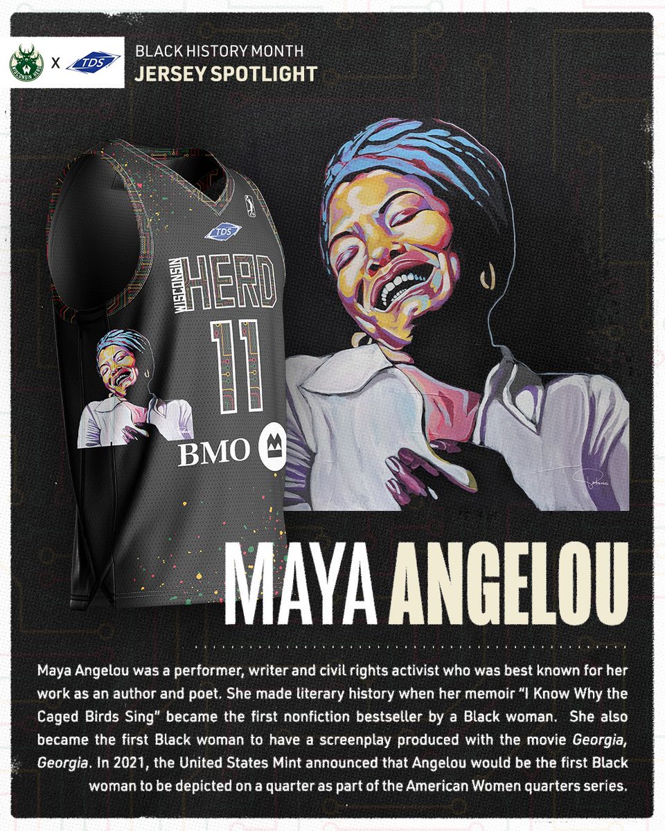 WisconsinHerd's tweet photo. In celebration of Black History Month, on February 24th, the Wisconsin Herd will feature multiple Black influential leaders on theme jerseys presented by TDS Telecommunications LLC.

Today, we’re honored to highlight Maya Angelou! https://t.co/8eOg4wdWUm