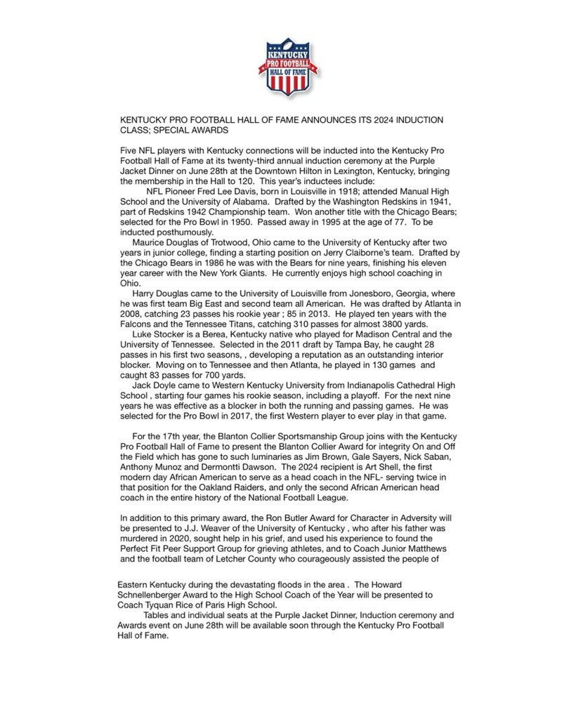 BlantonCollier's tweet photo. OFFICIAL RELEASE: Kentucky Pro Football Hall of Fame announces 2024 Induction Class, Special Awards. https://t.co/qWOOX98lJa