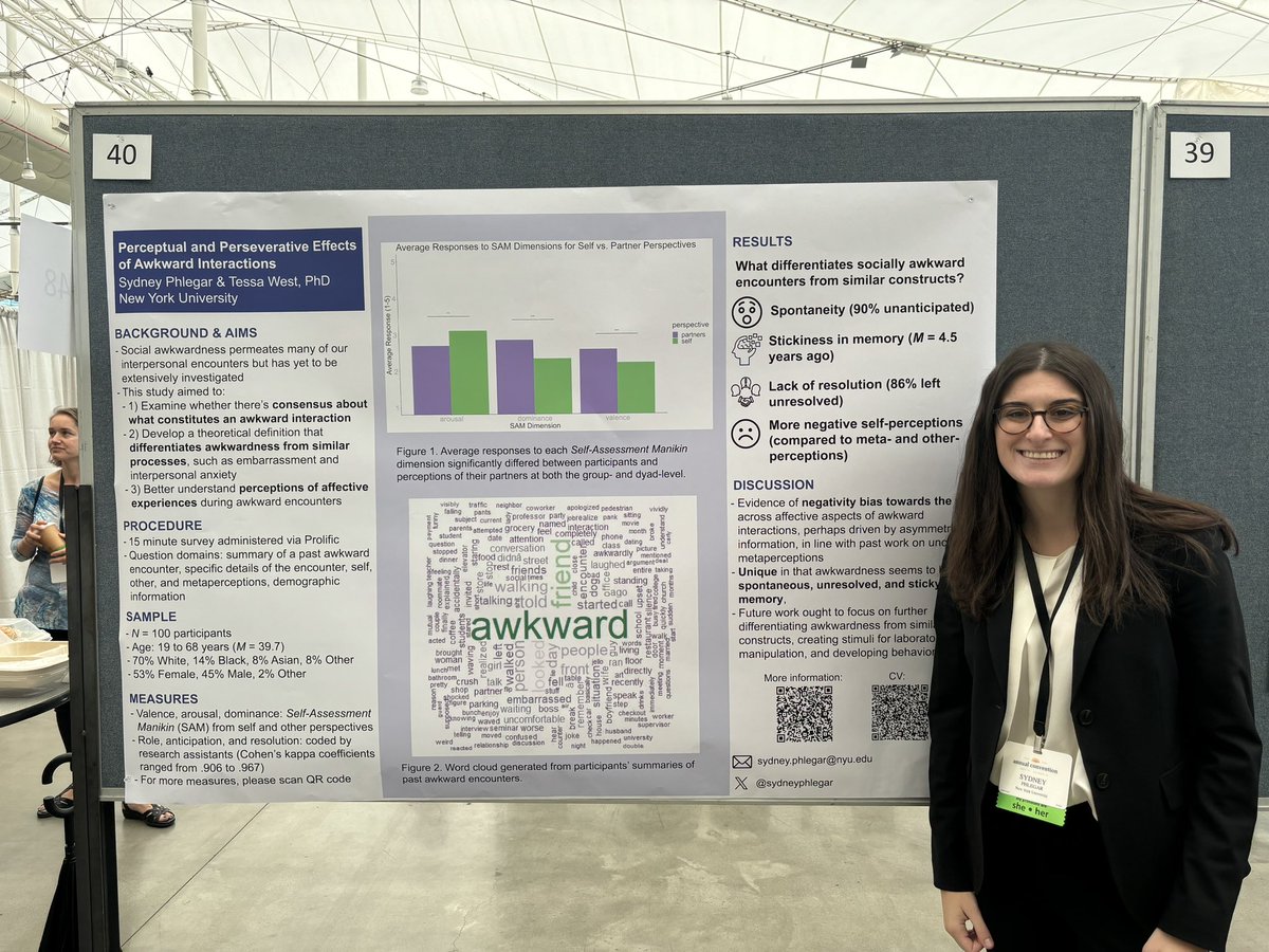 sydneyphlegar's tweet photo. Key findings from #SPSP2024: awkward encounters are spontaneous, sticky in memory, left unresolved, and result in significant perceptual differences such that participants feel worse about the interaction and their performance than they think their partners do @TessaWestNYU https://t.co/3ENsEM7yDN